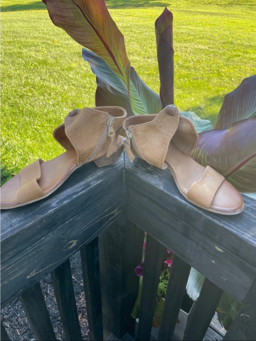 Miz Mooz Tan Ankle-Zip Open-Toe Sandals